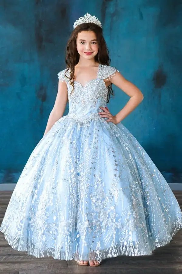 Bahama Blue Kids Dress with Glitter Embroidery & Beaded Sleeves, Mini Quince Dress