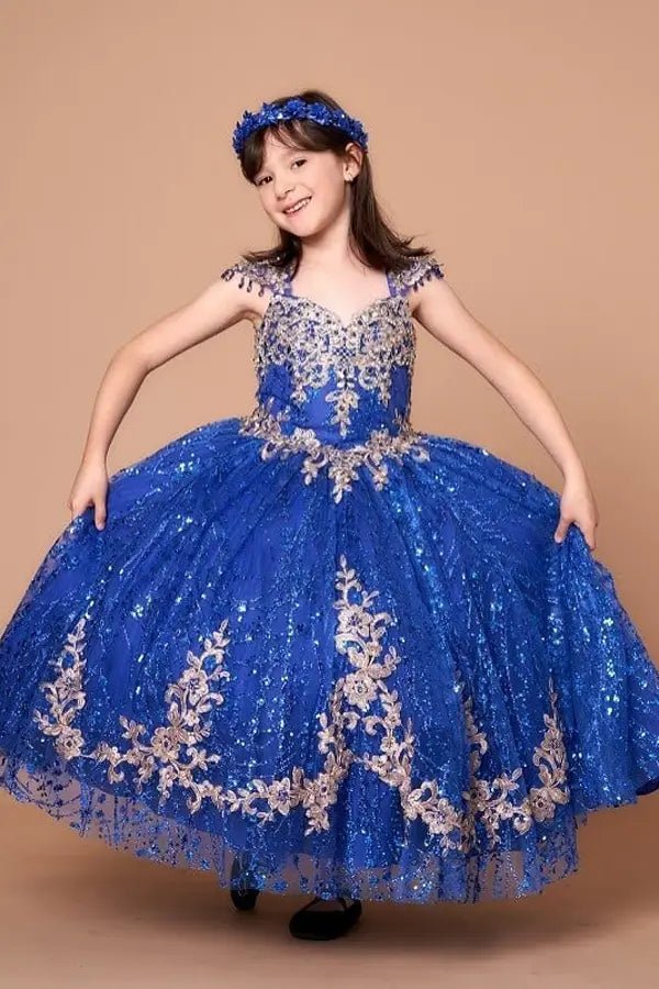 Front view of glamorous royal blue mini quince dress with glitter embroidery bodice, beaded sleeves, and voluminous layered skirt.