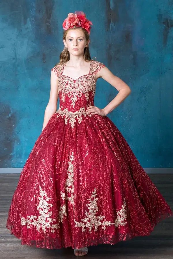 Front view of glamorous burgundy mini quince dress with glitter embroidery bodice, beaded sleeves, and voluminous layered skirt.