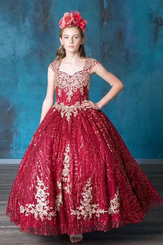 Front view of glamorous burgundy mini quince dress with glitter embroidery bodice, beaded sleeves, and voluminous layered skirt.