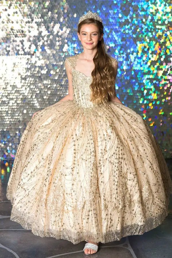 Front view of glamorous champagne mini quince dress with glitter embroidery bodice, beaded sleeves, and voluminous layered skirt.