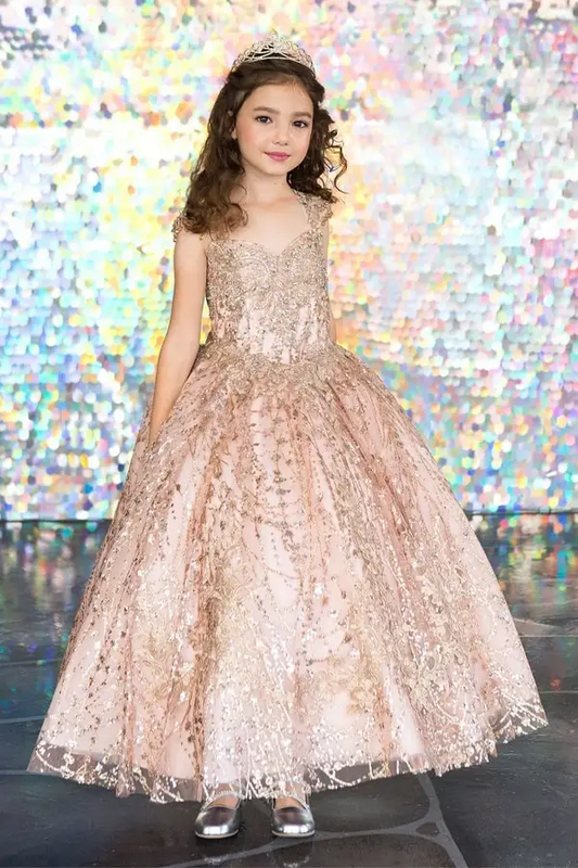 Front view of glamorous rose gold mini quince dress with glitter embroidery bodice, beaded sleeves, and voluminous layered skirt.