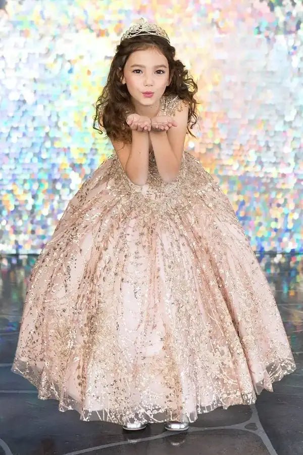 Rose gold mini quince dress fabric with glitter embroidery shimmer, beaded sleeve embellishments, and soft layered tulle texture.