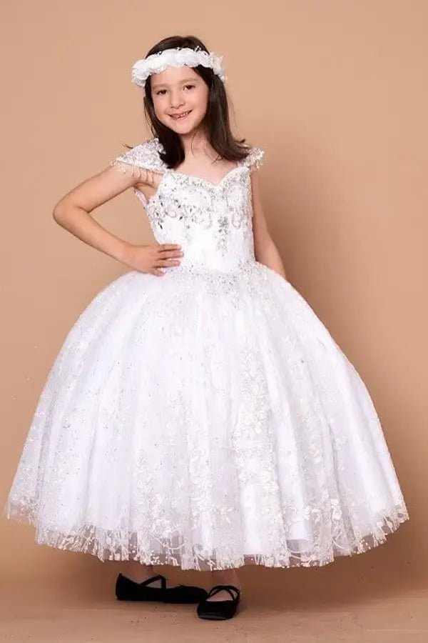Front view of glamorous white mini quince dress with glitter embroidery bodice, beaded sleeves, and voluminous layered skirt.