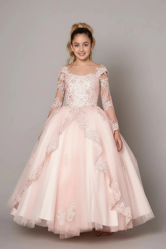 A graceful front view, the Blush mini quince dress showcases floral lace bodice with sheer long sleeves and full embroidered tulle ball gown skirt.