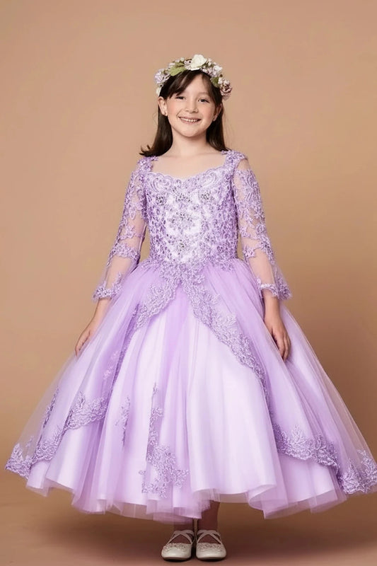 Rich texture defines, the Lilac mini quince dress showcases floral lace bodice with sheer long sleeves and full embroidered tulle ball gown skirt.