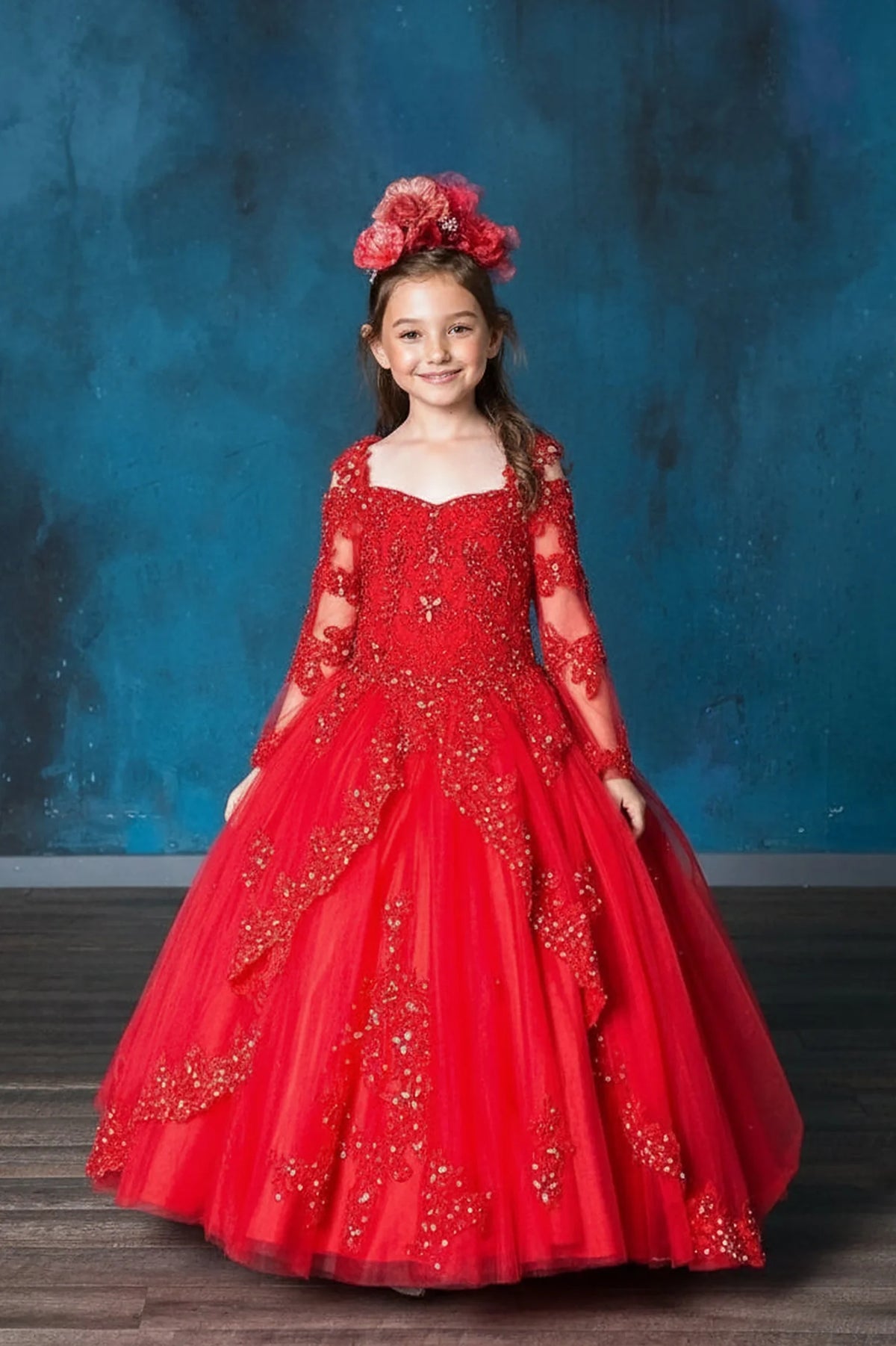 Sparkling details shape, the Red mini quince dress showcases floral lace bodice with sheer long sleeves and full embroidered tulle ball gown skirt.
