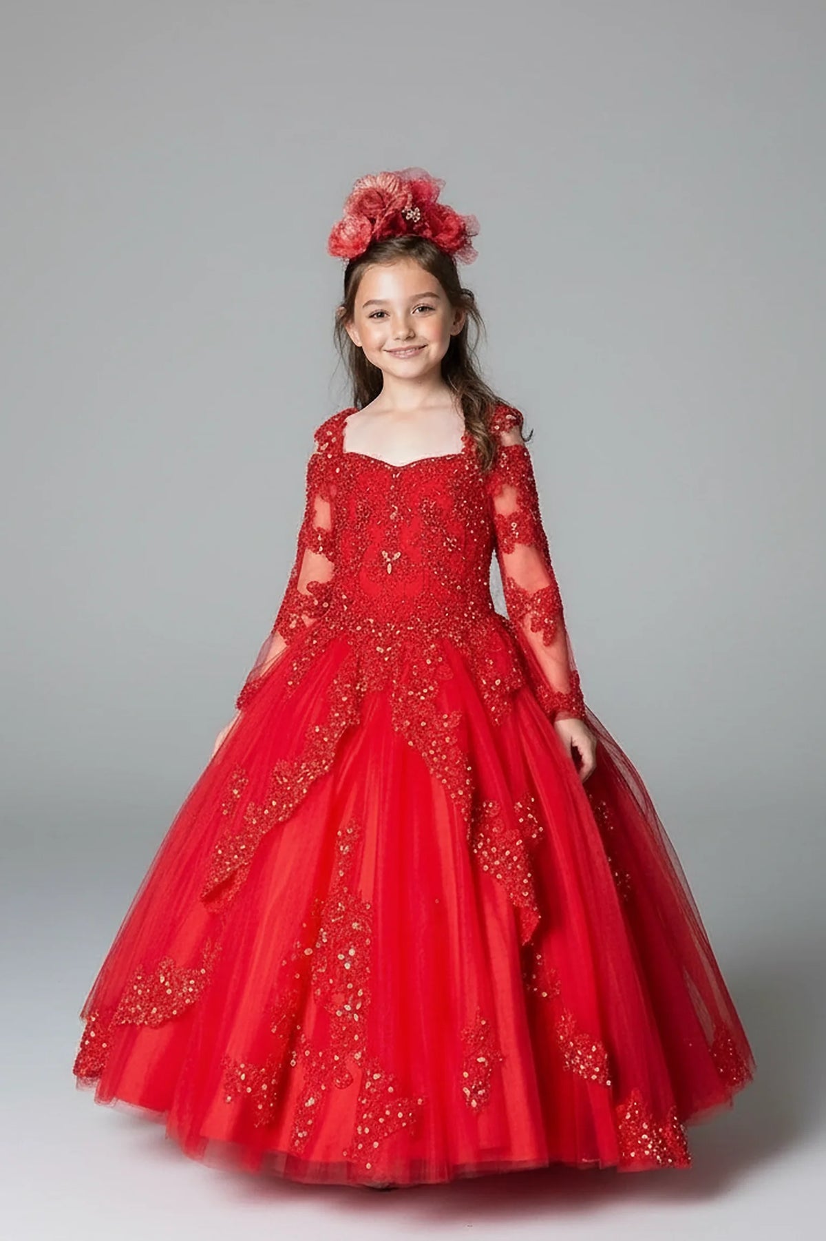 This second view emphasizes full embroidered tulle ball gown skirt on the Red mini quince dress.