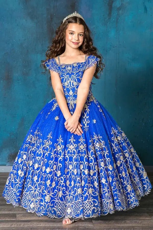 Front view of elegant royal blue mini quince dress with exquisite embroidery bodice and voluminous full skirt.