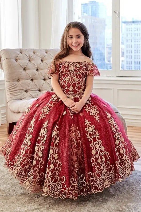 Front view of elegant burgundy mini quince dress with exquisite embroidery bodice and voluminous layered skirt.