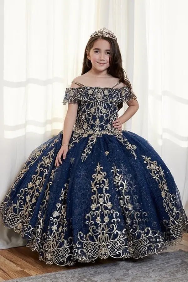 Front view of elegant navy mini quince dress with exquisite embroidery bodice and voluminous flowing skirt.