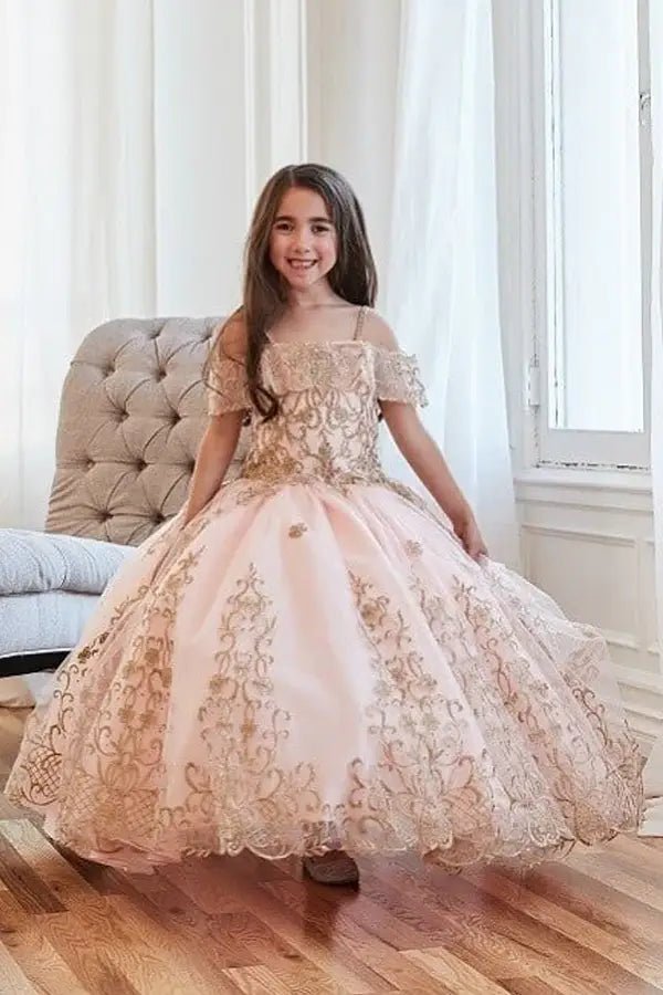 Front view of elegant blush pink mini quince dress with exquisite embroidery bodice and voluminous flowing skirt.