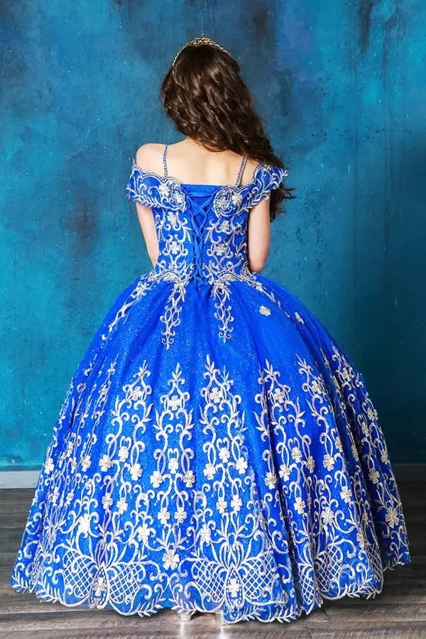 Back view of royal blue mini quince dress with lace-up closure, embroidered bodice, and cascading full skirt.