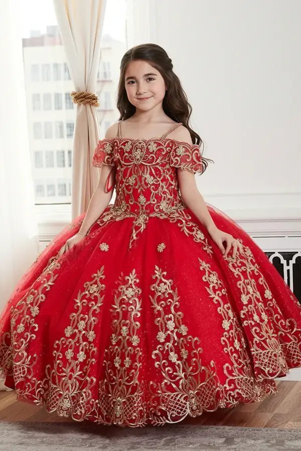 Front view of elegant red mini quince dress with exquisite embroidery bodice and voluminous flowing skirt.
