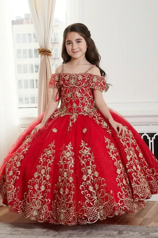 Front view of elegant red mini quince dress with exquisite embroidery bodice and voluminous flowing skirt.