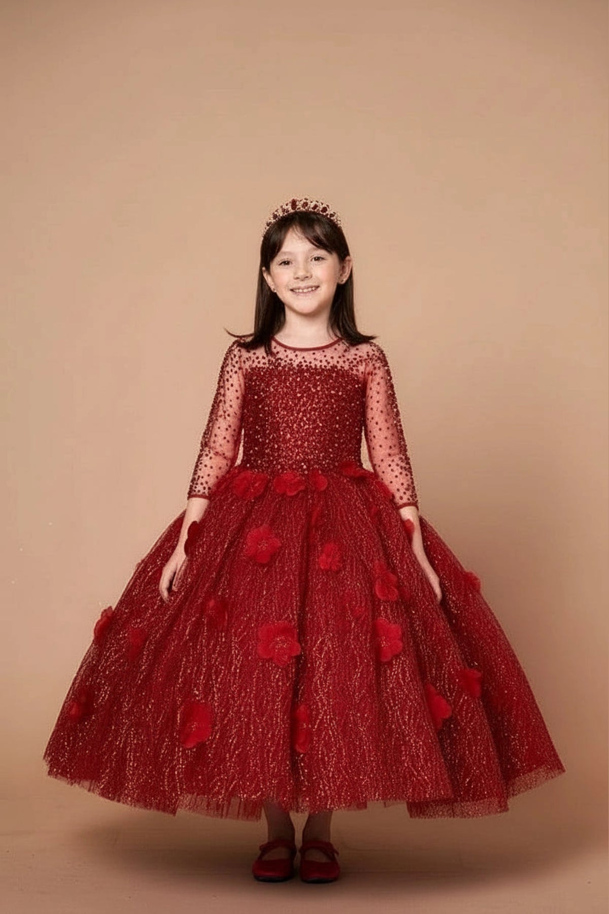 A closer look shows, the Burgundy mini quince dress showcases sheer long sleeves with glitter lace embroidery and full textured formal ball gown skirt.