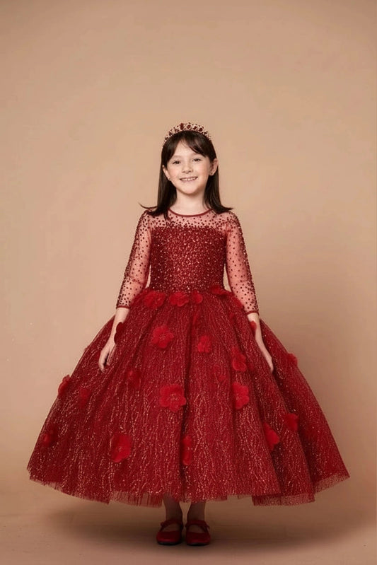 A closer look shows, the Burgundy mini quince dress showcases sheer long sleeves with glitter lace embroidery and full textured formal ball gown skirt.