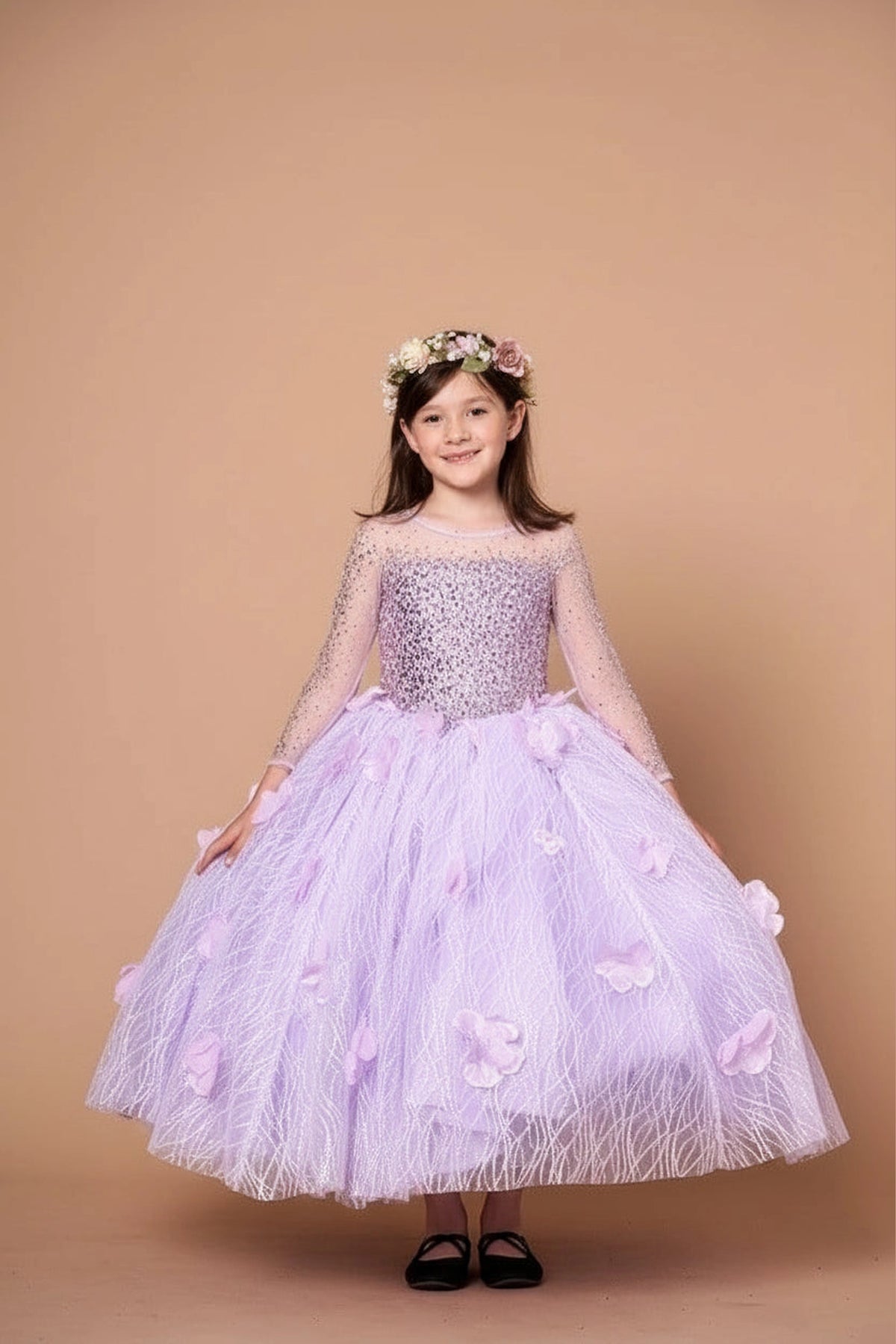 In full view, the Lilac mini quince dress showcases sheer long sleeves with glitter lace embroidery and full textured formal ball gown skirt.