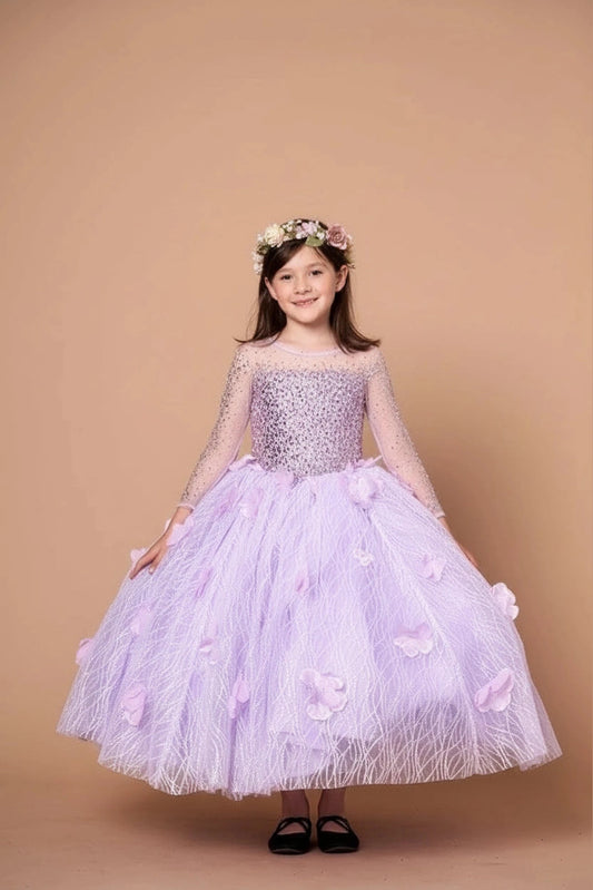 In full view, the Lilac mini quince dress showcases sheer long sleeves with glitter lace embroidery and full textured formal ball gown skirt.