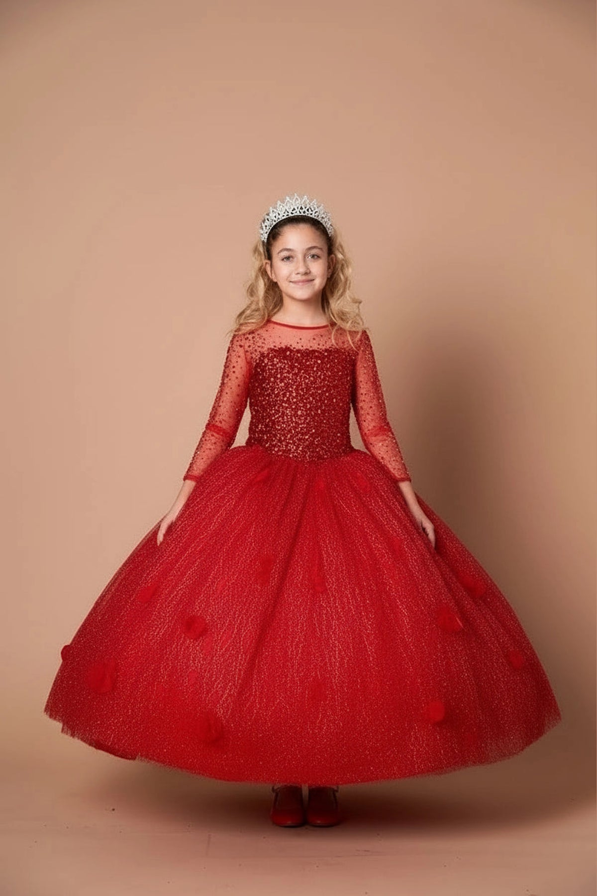 Across the silhouette, the Red mini quince dress showcases sheer long sleeves with glitter lace embroidery and full textured formal ball gown skirt.