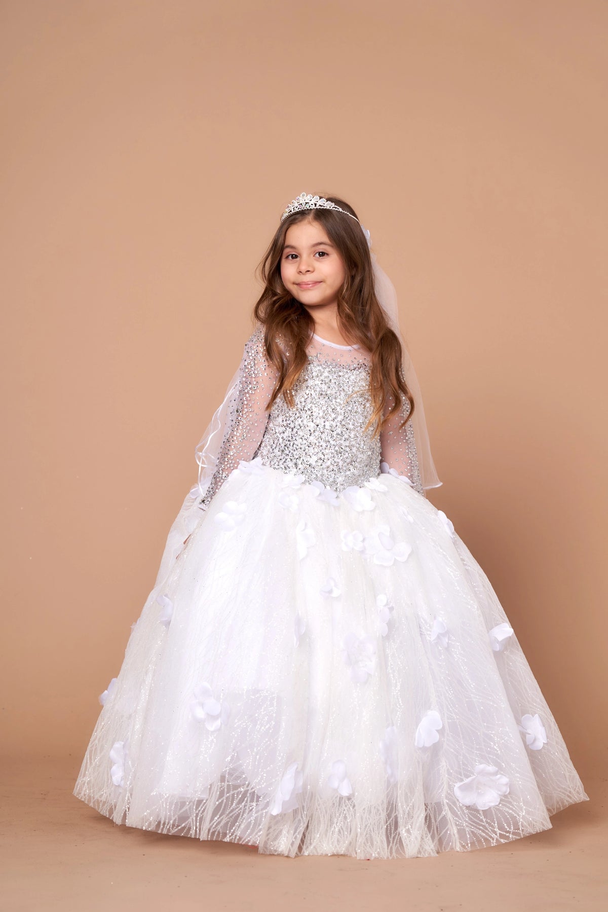 A graceful front view, the White mini quince dress showcases sheer long sleeves with glitter lace embroidery and full textured formal ball gown skirt.