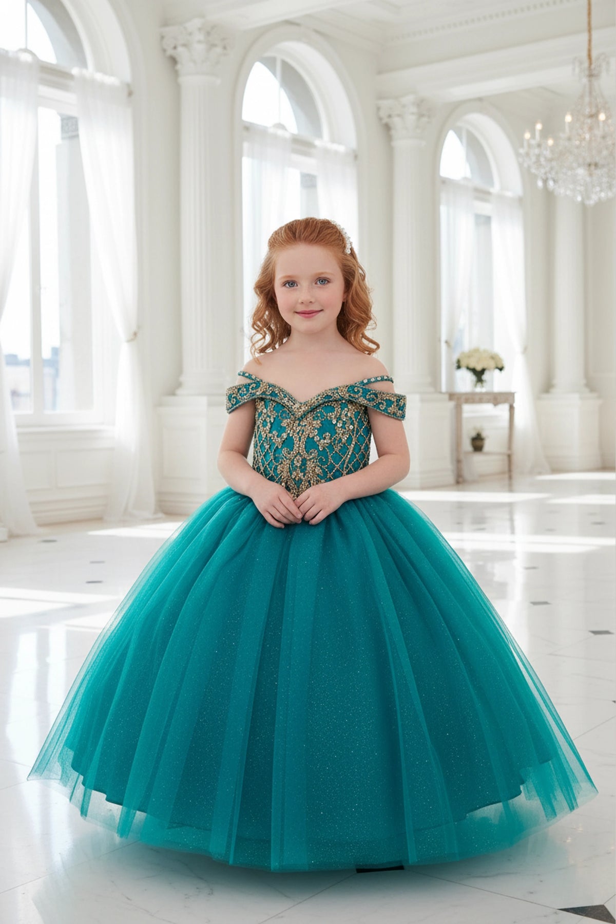 The dress profile reveals, the Jade/Gold mini quince dress showcases metallic embroidered off-the-shoulder bodice and full tulle skirt with coordinating two-tone detail.