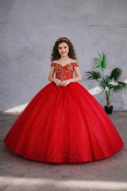 Seen at full length, the Red/Gold mini quince dress showcases metallic embroidered off-the-shoulder bodice and full tulle skirt with coordinating two-tone detail.
