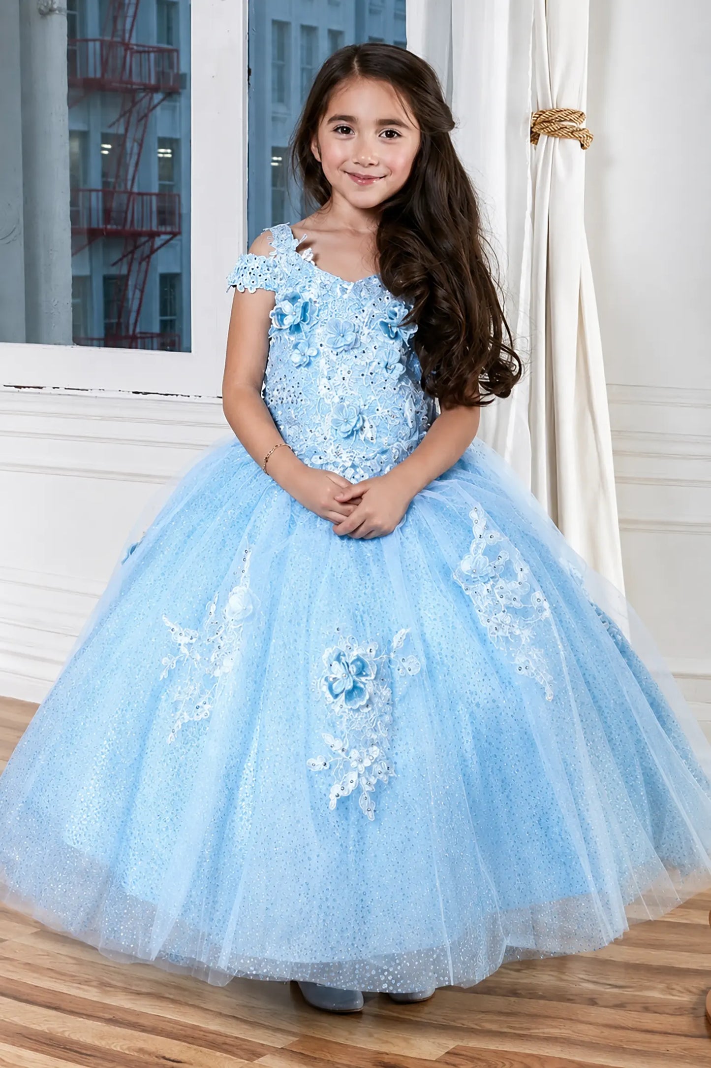 Front view of elegant sage mini quince dress with beaded 3D floral bodice and voluminous full skirt.