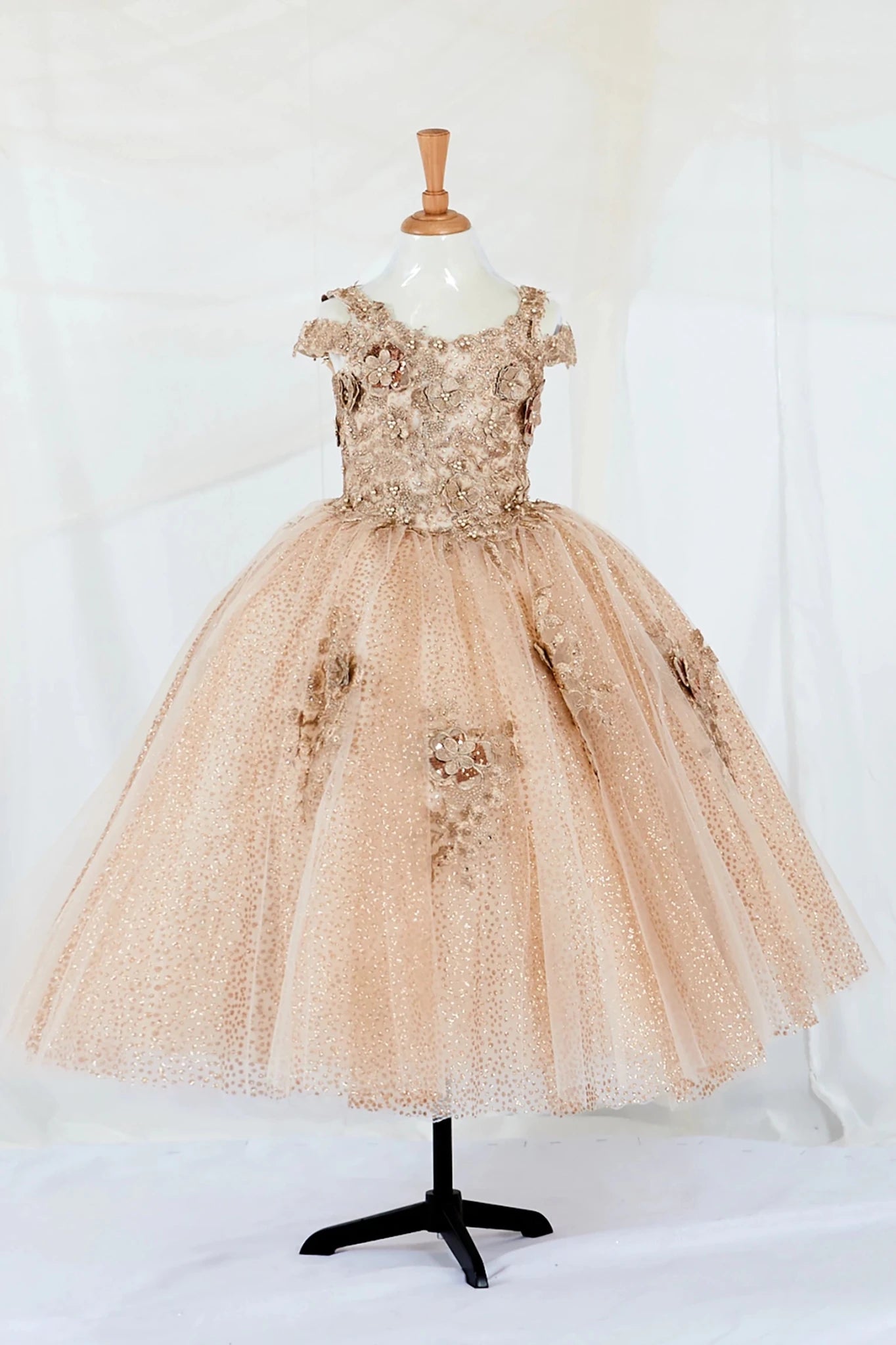 Front view of Champagne Kids Dress with Stylish Glitter Tulle Bodice and 3D Flowers, Mini Quince Dress.