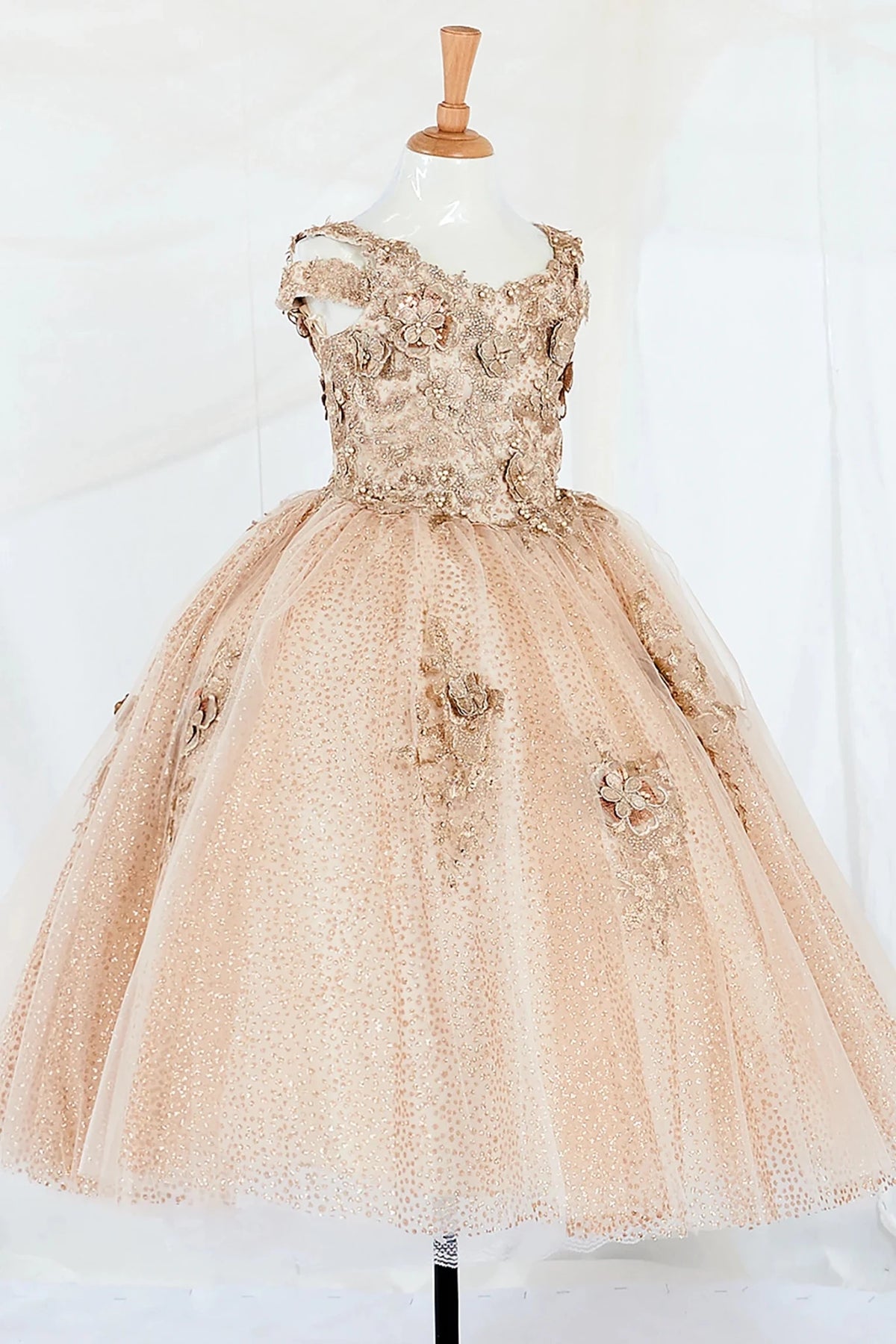 Front view of Champagne Kids Dress with Stylish Glitter Tulle Bodice and 3D Flowers, Mini Quince Dress.