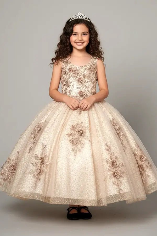 Front view of elegant champagne mini quince dress with shiny tulle bodice and voluminous short skirt.