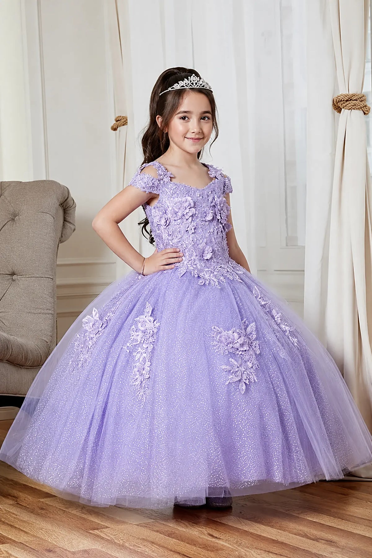Front view of elegant lilac mini quince dress with shiny tulle bodice and voluminous short skirt.