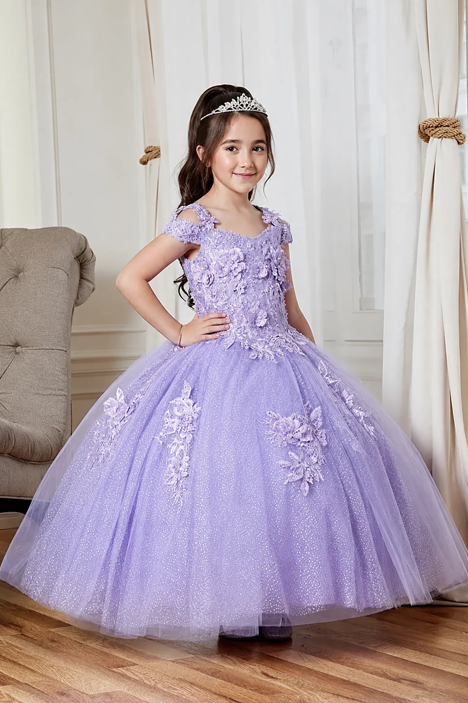 Front view of elegant lilac mini quince dress with shiny tulle bodice and voluminous short skirt.