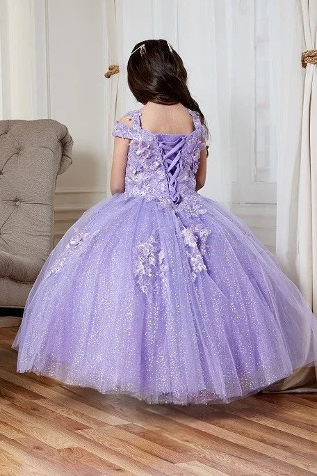Back view of lilac mini quince dress with lace-up closure, shiny tulle bodice, and flared short skirt.