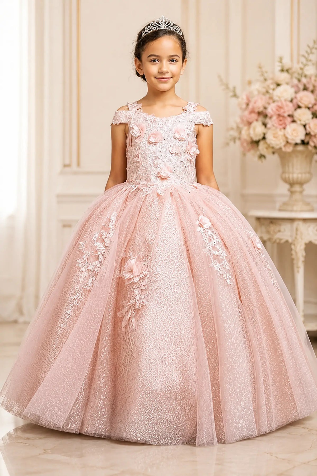 blush pink mini quince dress with shiny tulle bodice and voluminous short skirt
