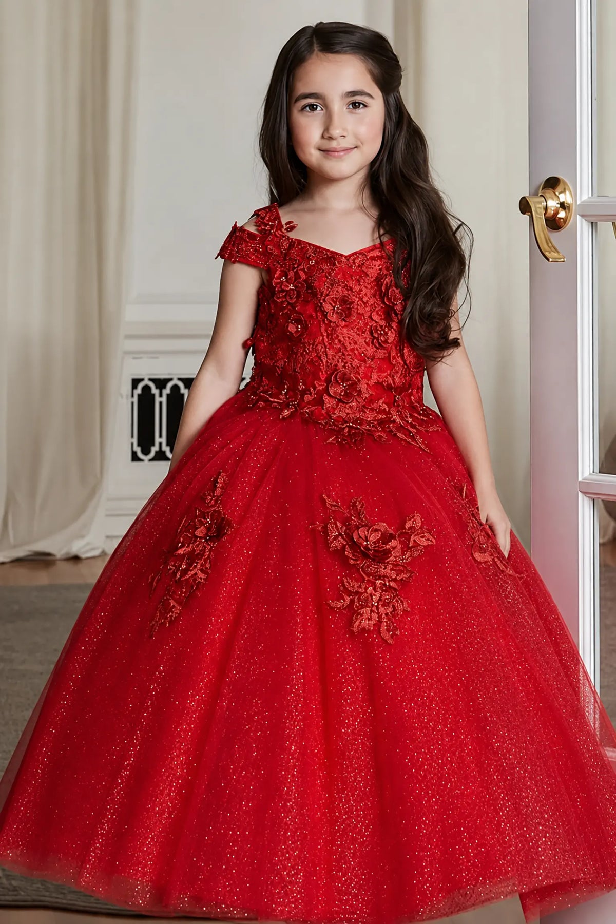 Front view of elegant red mini quince dress with shiny tulle corset bodice and voluminous short skirt.