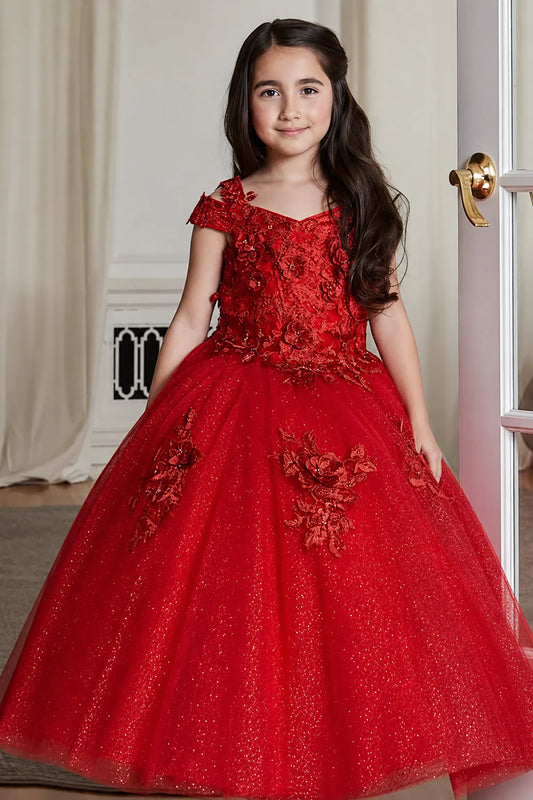 Front view of elegant red mini quince dress with shiny tulle corset bodice and voluminous short skirt.