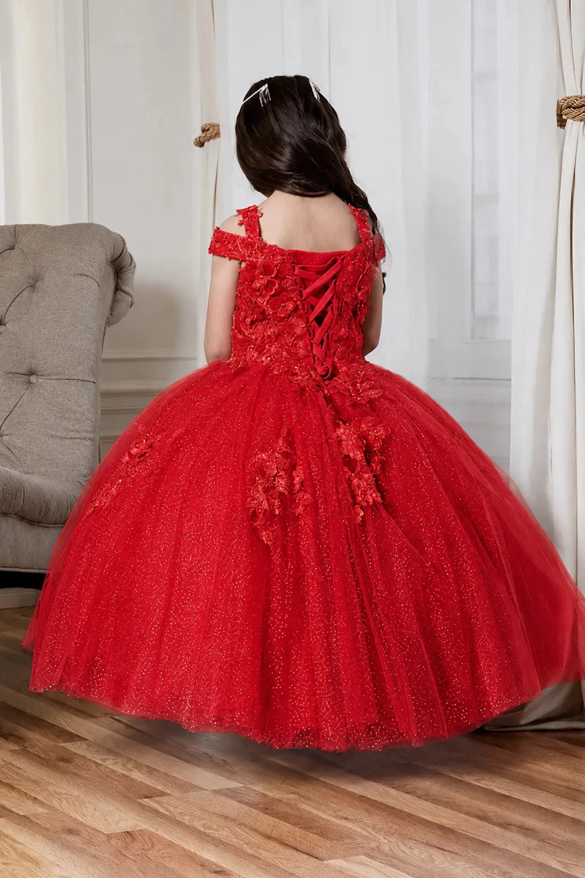 red mini quince mini quince dress with floral lace appliques and an off-the-shoulder lace-up back.