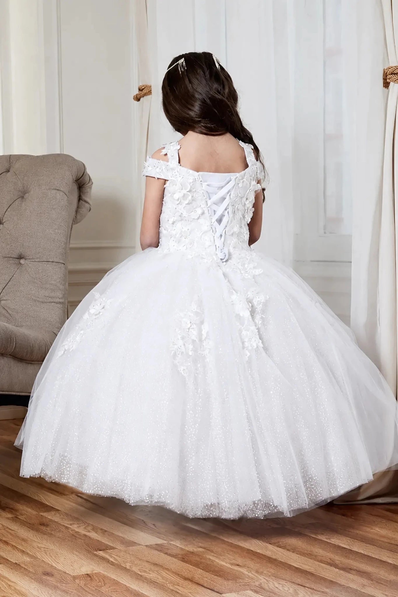 white off-the-shoulder mini quince, pageant mini quince dress with lace-up back and floral applique.