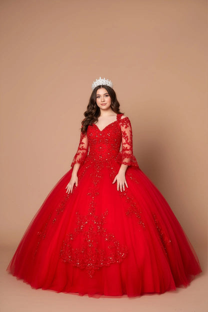 Red quinceañera ball gown with long embroidered sleeves and layered floral detailing on the skirt.