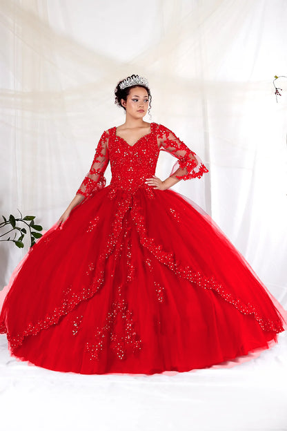 Red quinceañera ball gown with embroidered long sleeves, a V-neckline and a full embellished skirt, shown from the front.