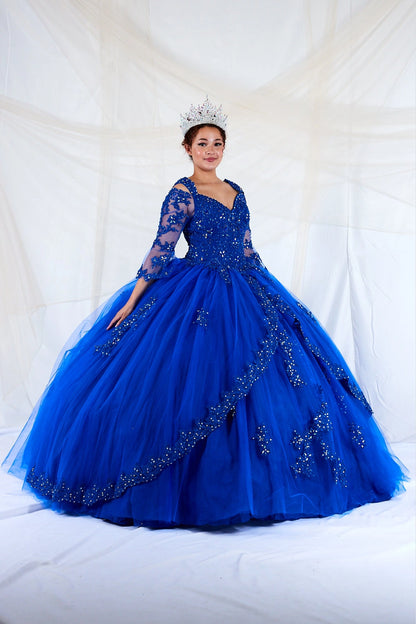 Layered floral embroidery sweeps over the full skirt of this Royal Blue quinceañera ball gown.