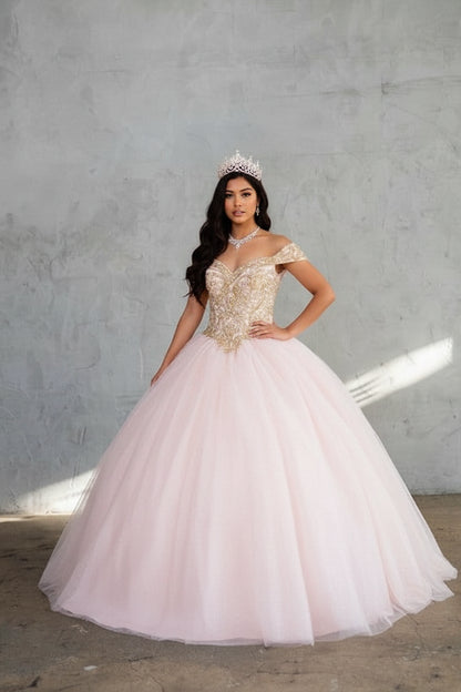 Gold floral details cover the fitted bodice above the soft tulle skirt of the Blush/Gold quinceañera ball gown.