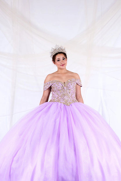 Lilac/Silver quinceañera ball gown featuring an embroidered off-shoulder bodice and a full glitter tulle skirt.