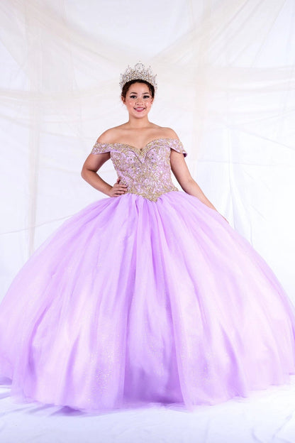 Silver embroidery accents the neckline above the voluminous skirt of the Lilac/Silver quinceañera ball gown.