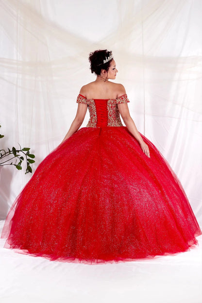 Gold embroidery frames the lace-up back of the Red/Gold quinceañera ball gown above a glittering skirt.