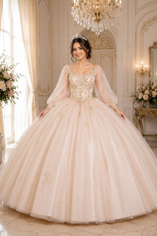 Champagne quinceañera ball gown with long illusion sleeves, an embellished bodice and a full skirt.