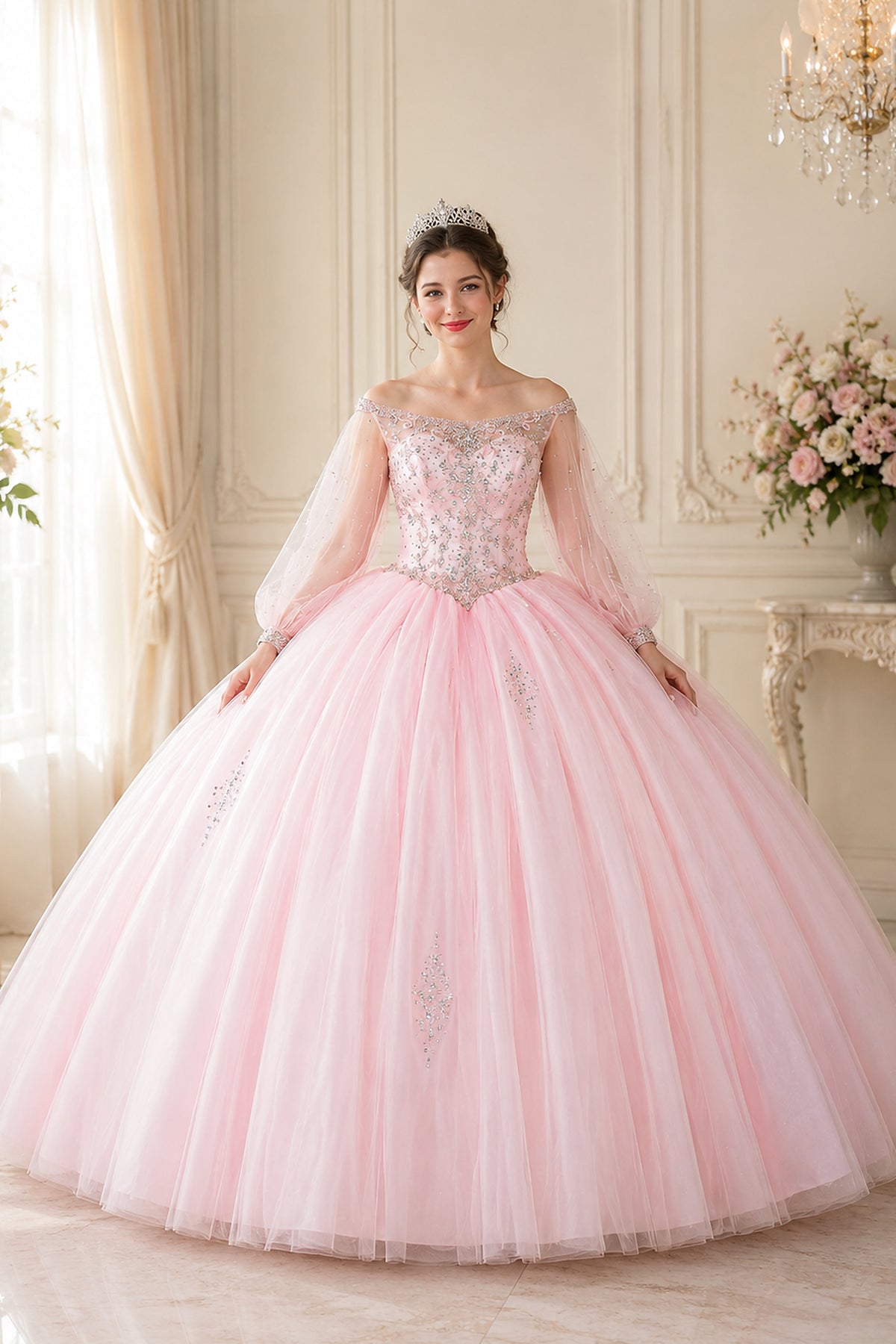 Pink quinceañera ball gown featuring long sheer sleeves and an embellished off-shoulder bodice.