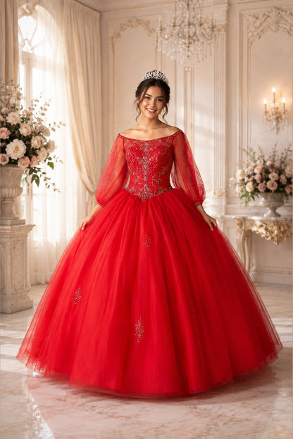Red quinceañera ball gown with long sheer sleeves, an embellished bodice and a full skirt.