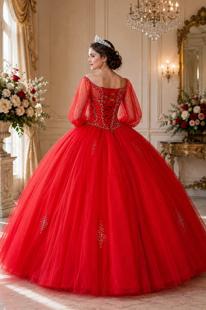 Lace-up detailing finishes the back of the Red quinceañera ball gown between its long sheer sleeves.